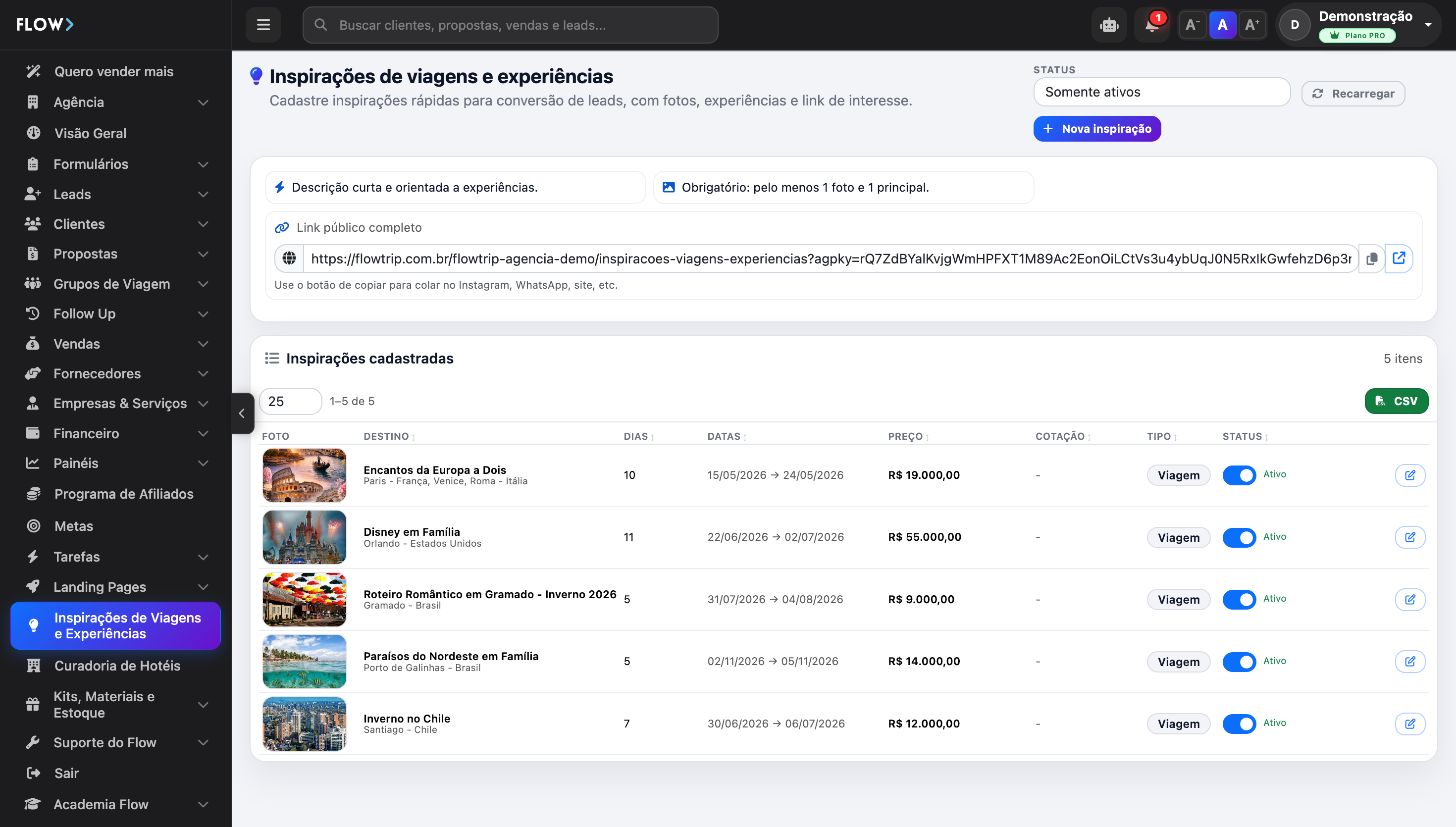Tela de Inspirações de Viagens do Flow — catálogo com link público