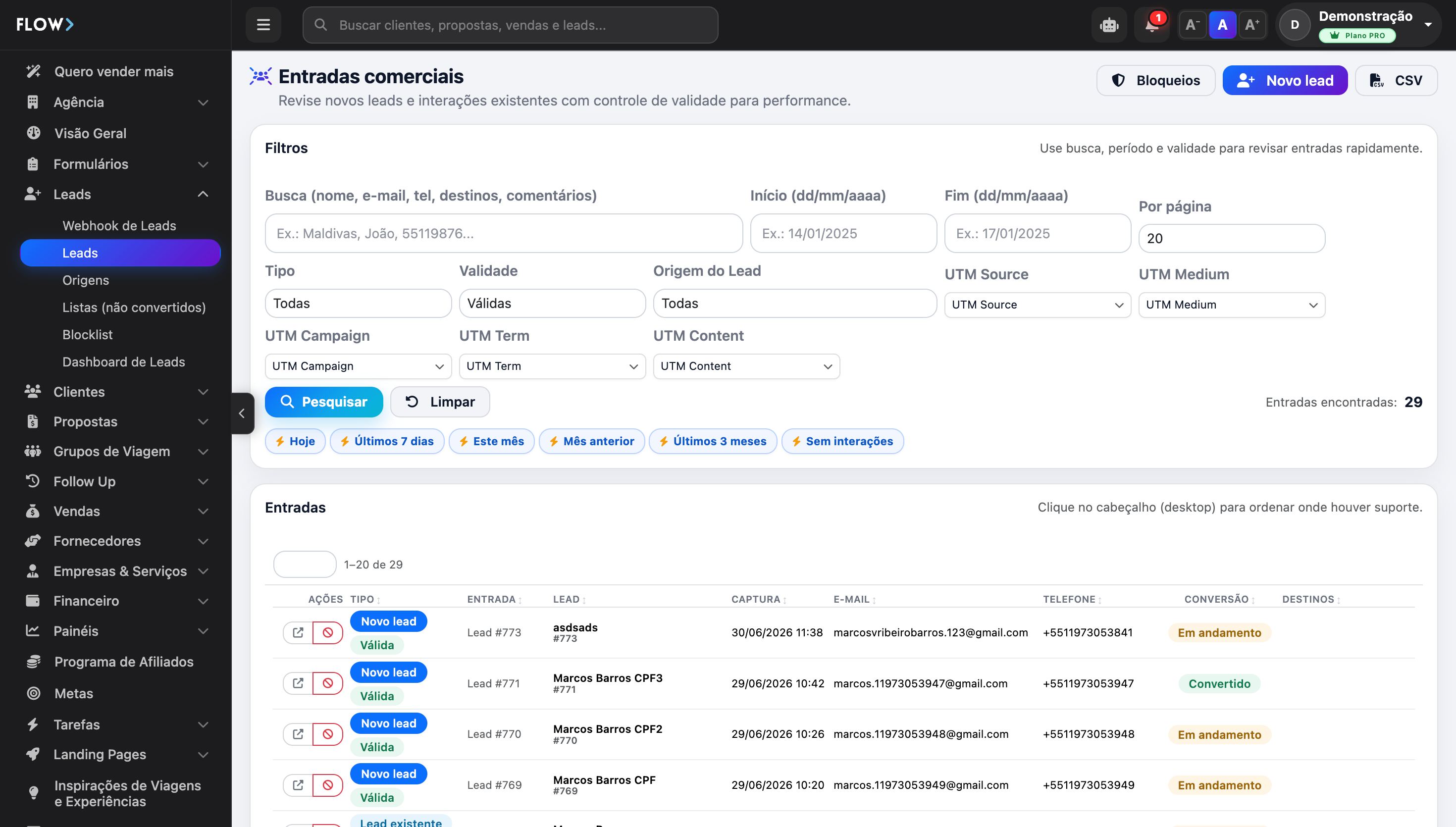 Tela de Leads do Flow — entradas comerciais com validade e UTM