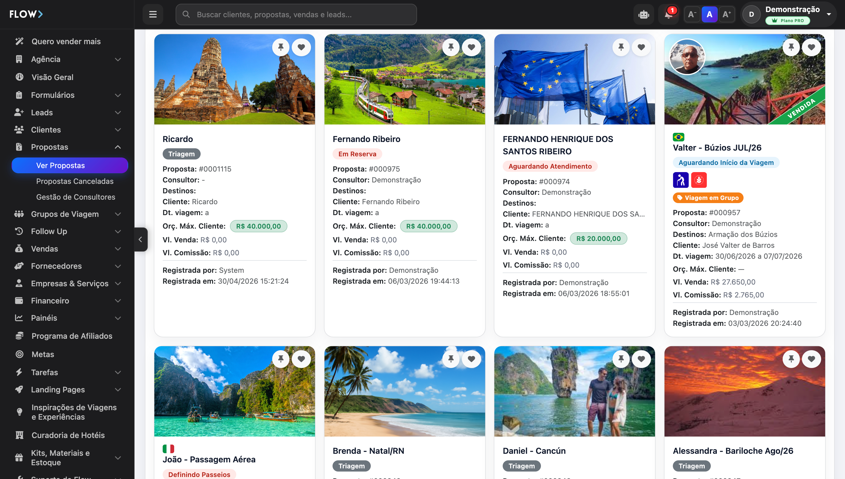 Tela de Propostas do Flow — montagem de proposta e roteiro