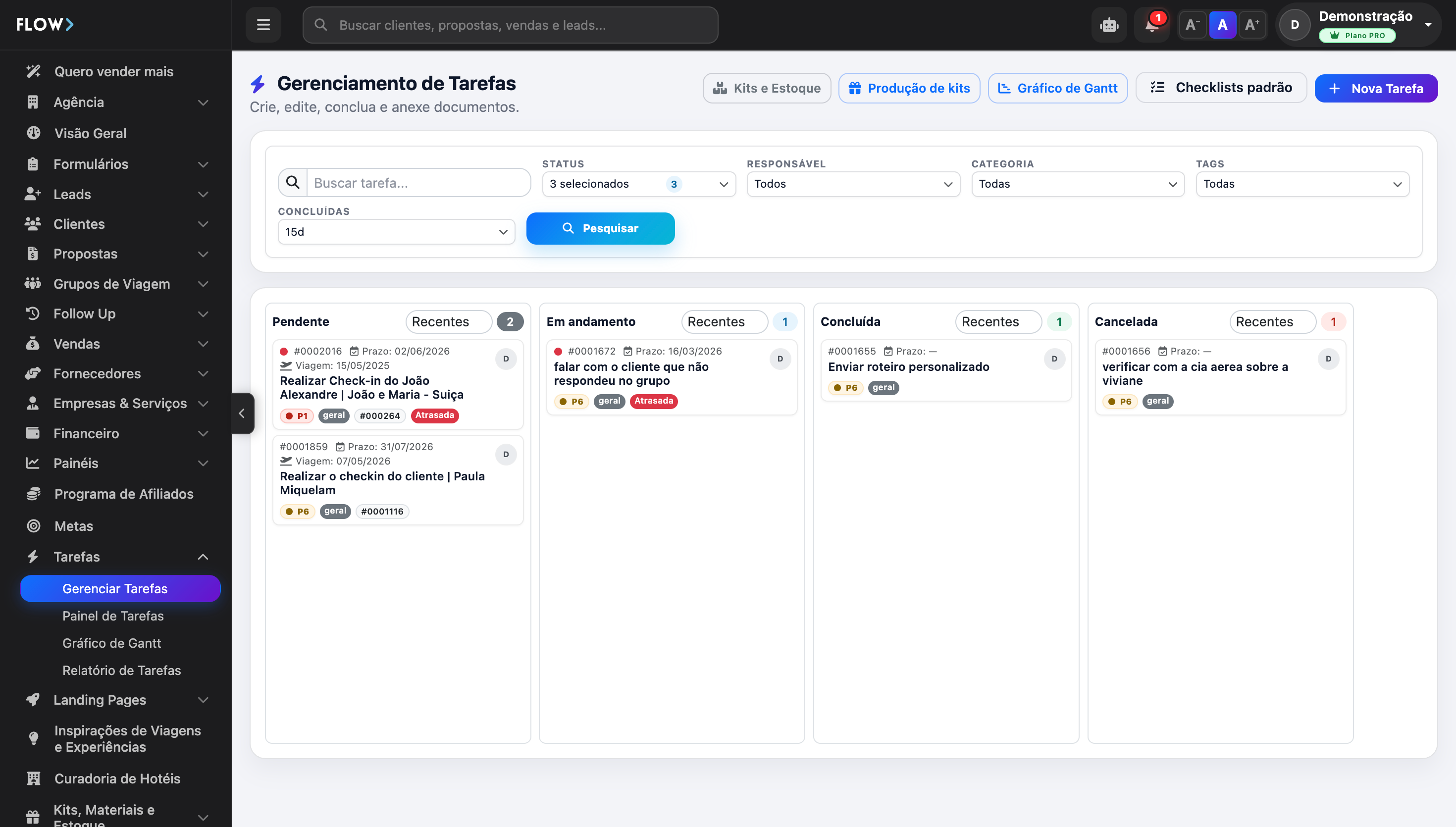 Tela de Tarefas do Flow — quadro kanban com prioridade e prazo